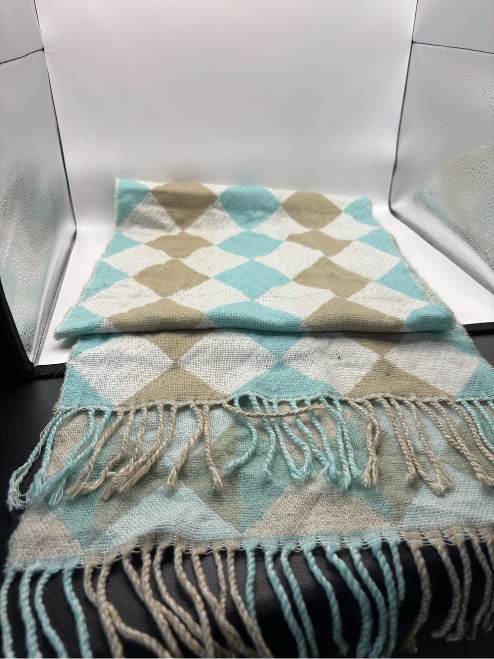 Aqua & Tan Diamond Fringe Wrap Scarf